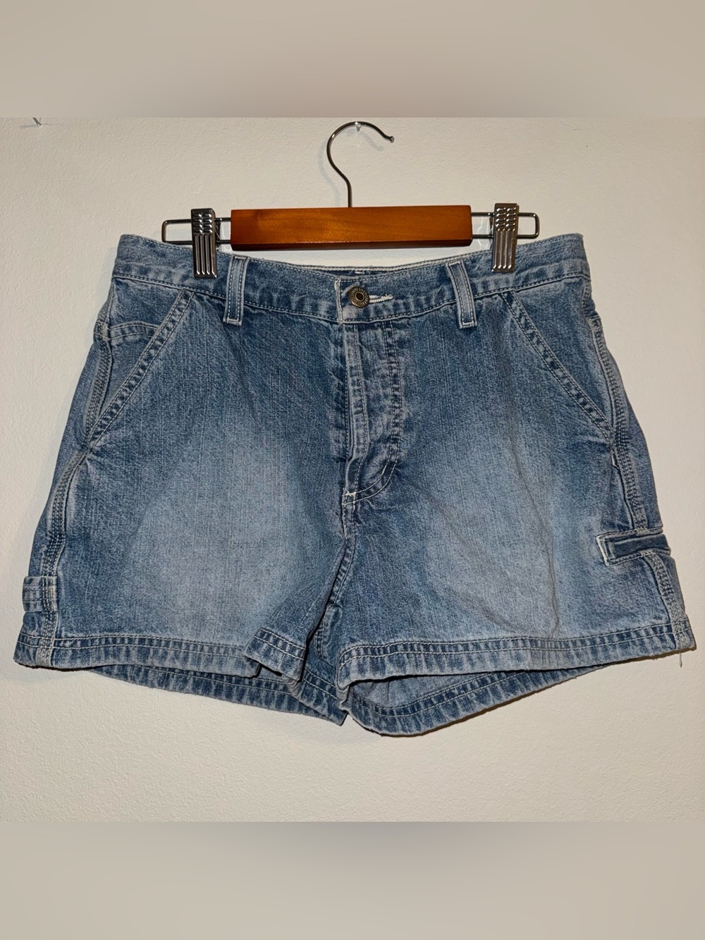 Vintage Y2K Dungarees Denim Carpenter Utility Shorts 100% Cotton Button Fly